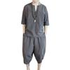 Foveitaa summer clothes mens loungewear Japanese style clothing T-shirt three-quarter sleeves linen shirt short set tops half pants shorts V-neck