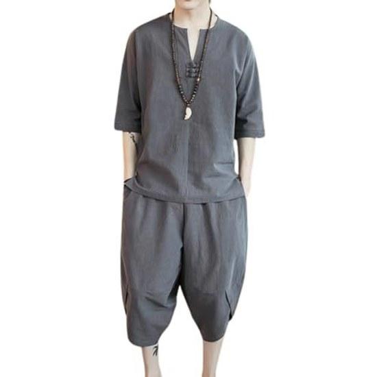 Foveitaa summer clothes mens loungewear Japanese style clothing T-shirt three-quarter sleeves linen shirt short set tops half pants shorts V-neck