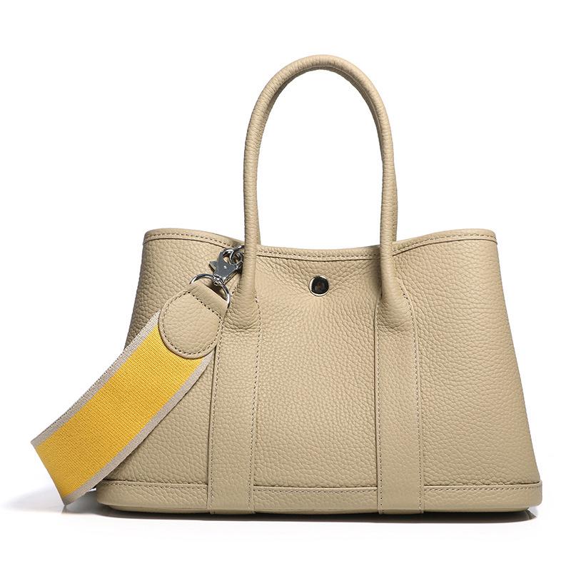 2025 Cowhide Lychee Pattern Garden Bag: Women's Color Block Wide Shoulder Strap Handbag