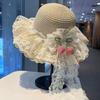French Floral Lace Bow Straw Hat Women's Summer Seaside Beach Vacation Big Eaves Sunshade Sun Hat