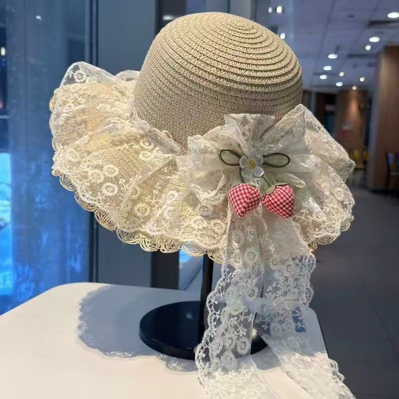 French Floral Lace Bow Straw Hat Women's Summer Seaside Beach Vacation Big Eaves Sunshade Sun Hat