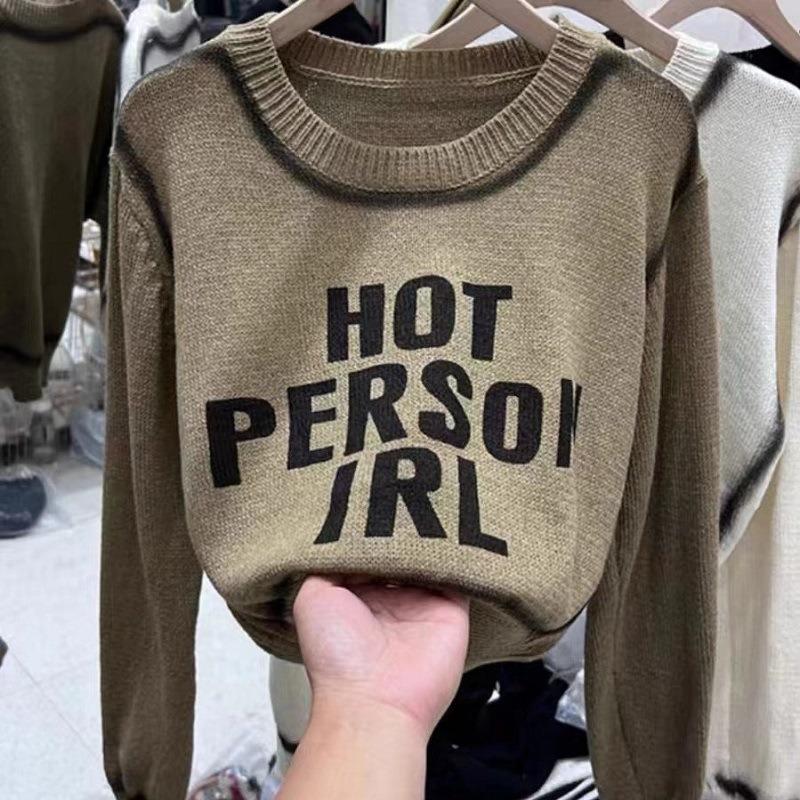 Früher Herbst neuer Retro lockerer Strickpullover mit Buchstabenprint für Damen Rundhals Nische vielseitig langärmliger Pullover