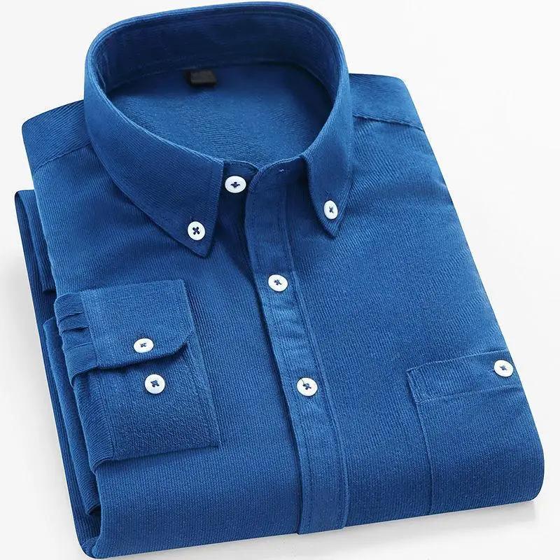 Men Velvet Corduroy Sleeved Shirt Casual Top Loose Pure Color Dad Clothing Suitable Middle-aged Elderly
