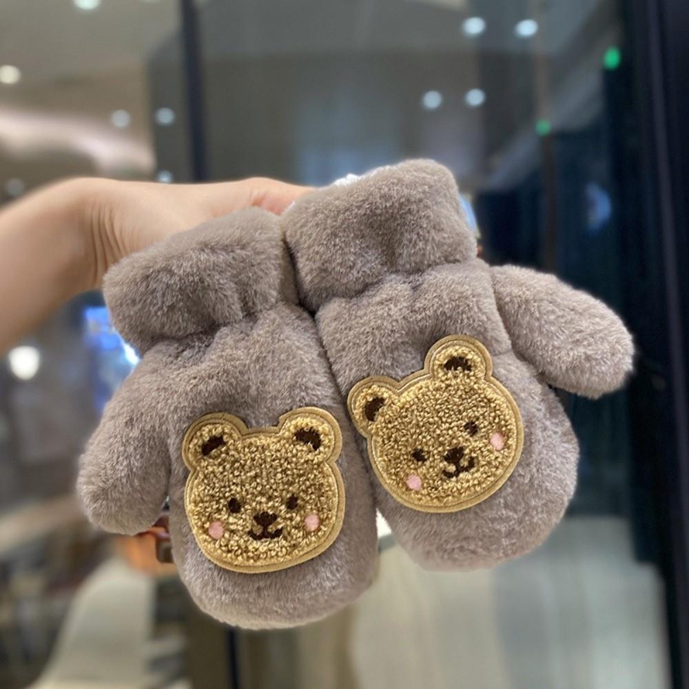 Faux Fur Cartoon Bear Gloves Waterproof Toddler Fingerless Gloves Outdoor Sports Mittens For Boys
