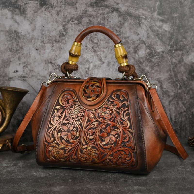 Johnature Luxury Handbag Vintage Handmade Leather Carved Women Bag Versatile Female Shoulder & Crossbody Bags