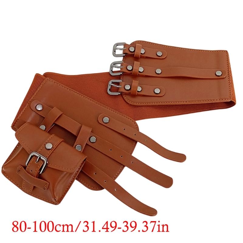 Triple Buckles Wide Waist Belt With Detachable Pouch For Women Girl Costume Accessories Corset Belt for Daily Formal