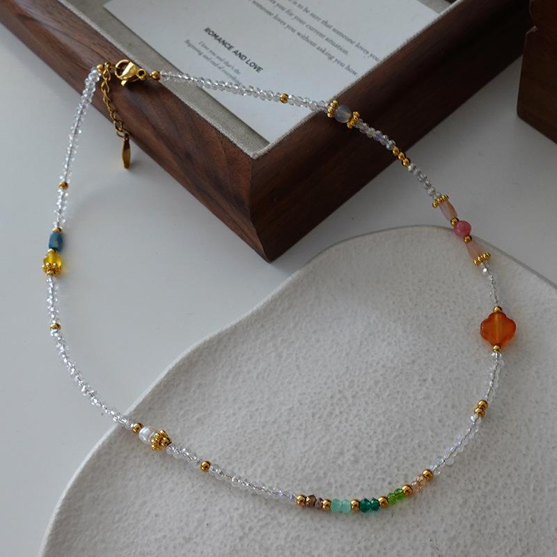 Tiger'S Eye Beaded Halskjede Maillard Oval Premium Genserkjede Titanium Stål Vintage Coffee Naturstein Clavicle Chain