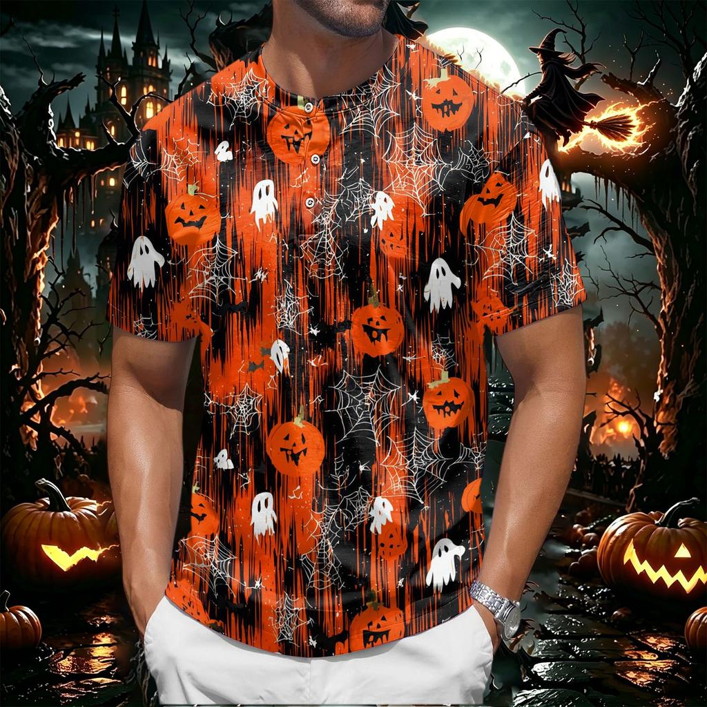 Men's Halloween Spider Web Print Short Sleeve Henley Shirt Casual Round Neck Button Front Top