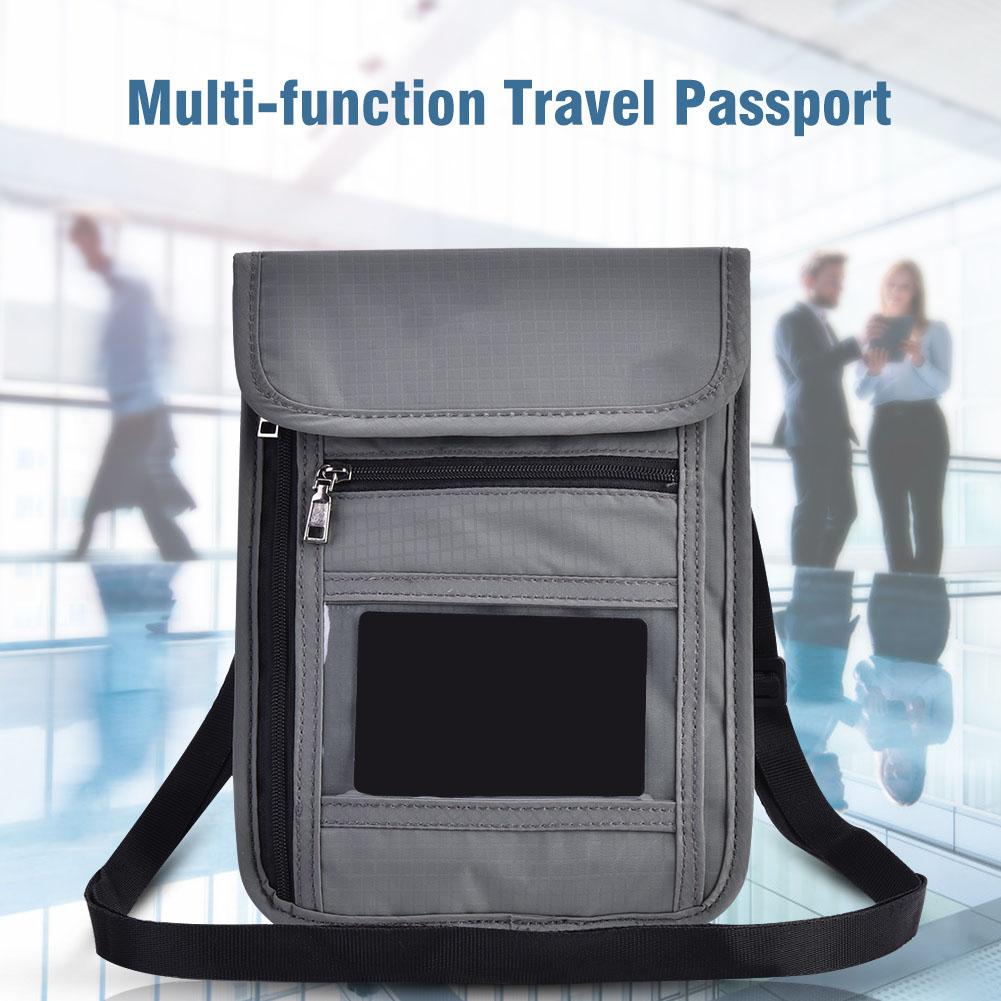 Gray Multi Function Travel Passport Cover Neck Bag Protector Wallet ID Nylon Holder Pouch