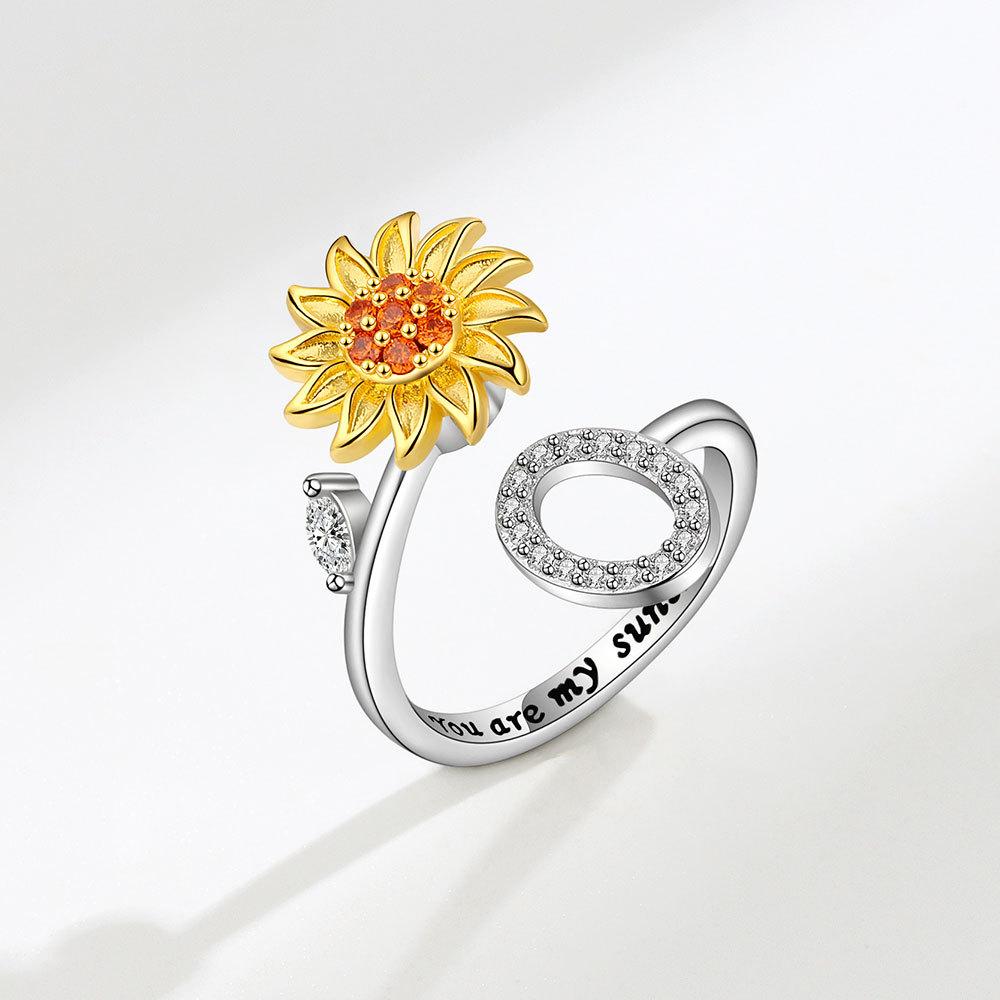 Creative Sunflower Rotating Ring 26 Letters Adjustable Open Design Women's Fashion Finger Jewelry Daily Wear & Gift Accessories