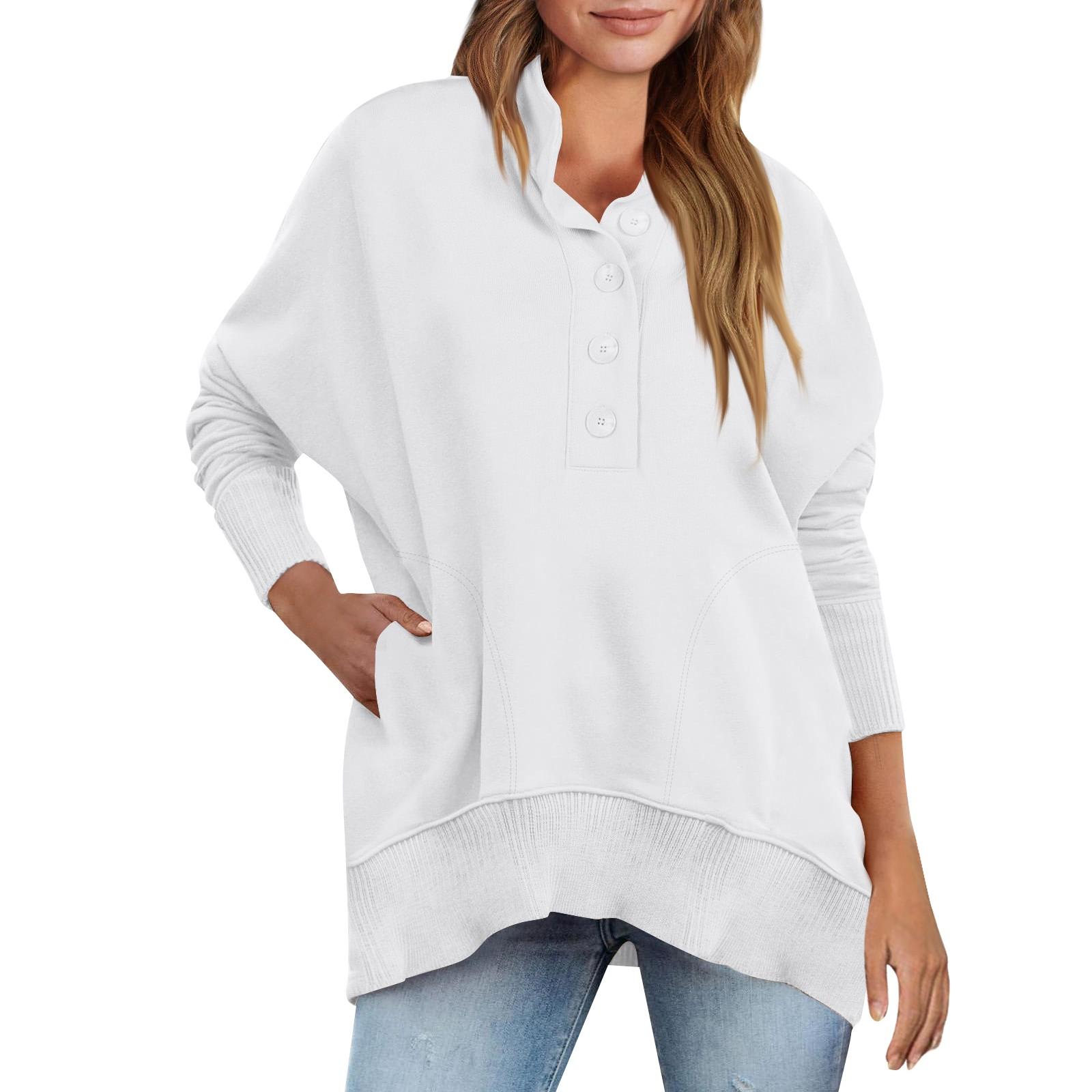 

Женская мода с v-образным вырезом и пуговицами, однотонная толстовка с длинными рукавами и карманами, топ XL белый