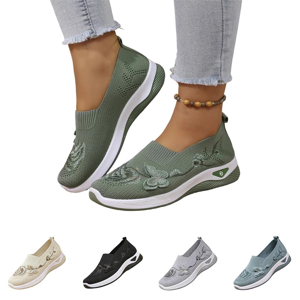 Women's Plus Size Casual Slip On Shoes Butterfly Embroidery Flyknit Mesh Lightweight Breathable Walking Sneakers for Everyday Wear
