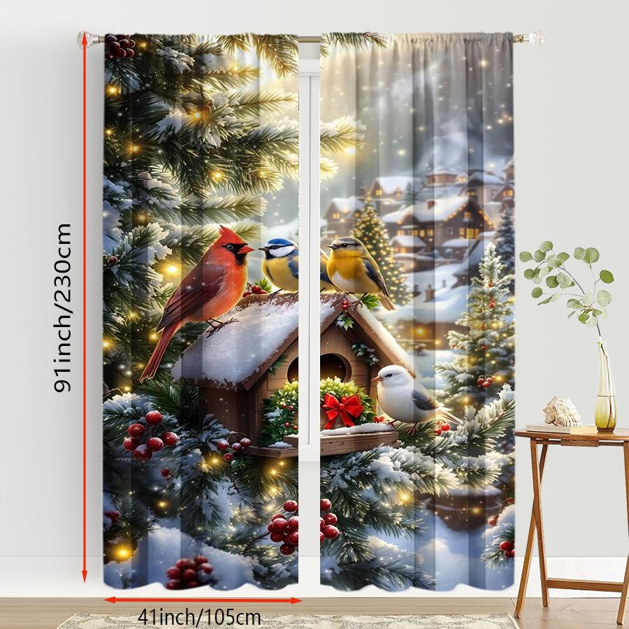 2PCS Digital Print Curtains, Snowy Forest Birdhouse Cardinal Chickadee White Bird Lights Berries, Warm Wildlife Scene Style - Ch