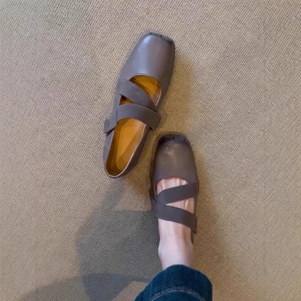 Sheepskin version~ Retro square head pig nose Mary Jane shoes women's cross strap light mouth thick heel ballet shoes commuter shoes