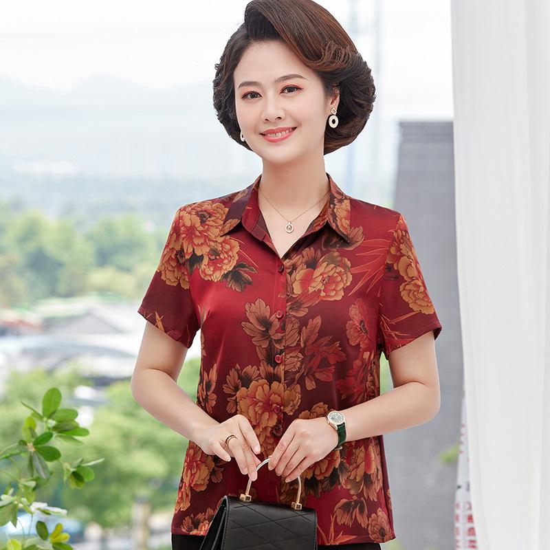 

Mom s Summer Silk Short-Sleeve Printed Top for Elderly Women 4XL (135-150 lbs) червоний
