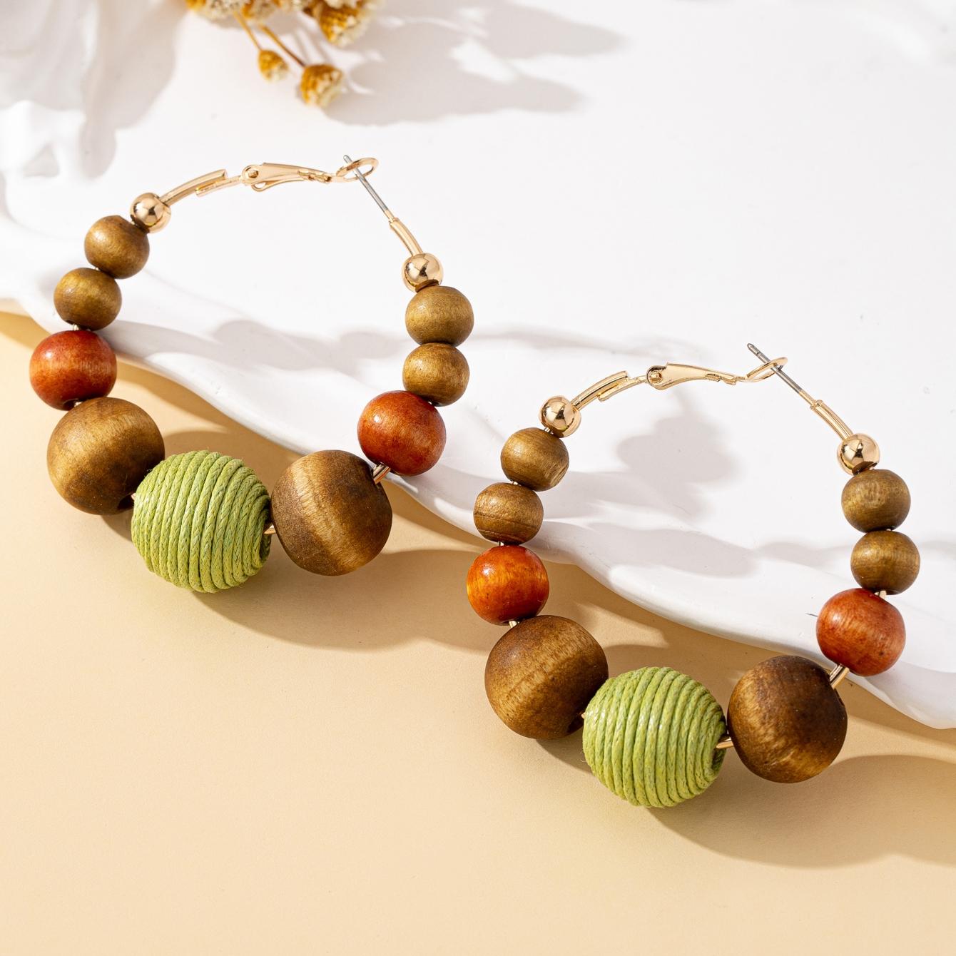 

A Pair of Women s Hoop Earrings with Wooden Beads in Dopamine and Maillard Color Tones, Suitable for Everyday Wear