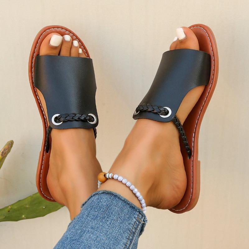 Women's Summer New Solid Color Women's Slippers Large Size Woven Simple Everyday Wear Beach Slippers