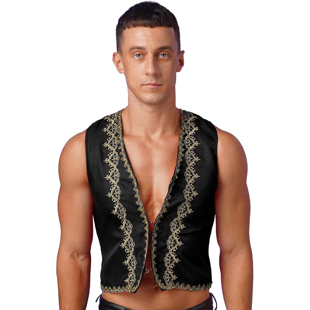 Mens Steampunk Victorian Vest Gold Trims Embroidery Open Front Design Medieval Gothic Waistcoat Arabian Costume