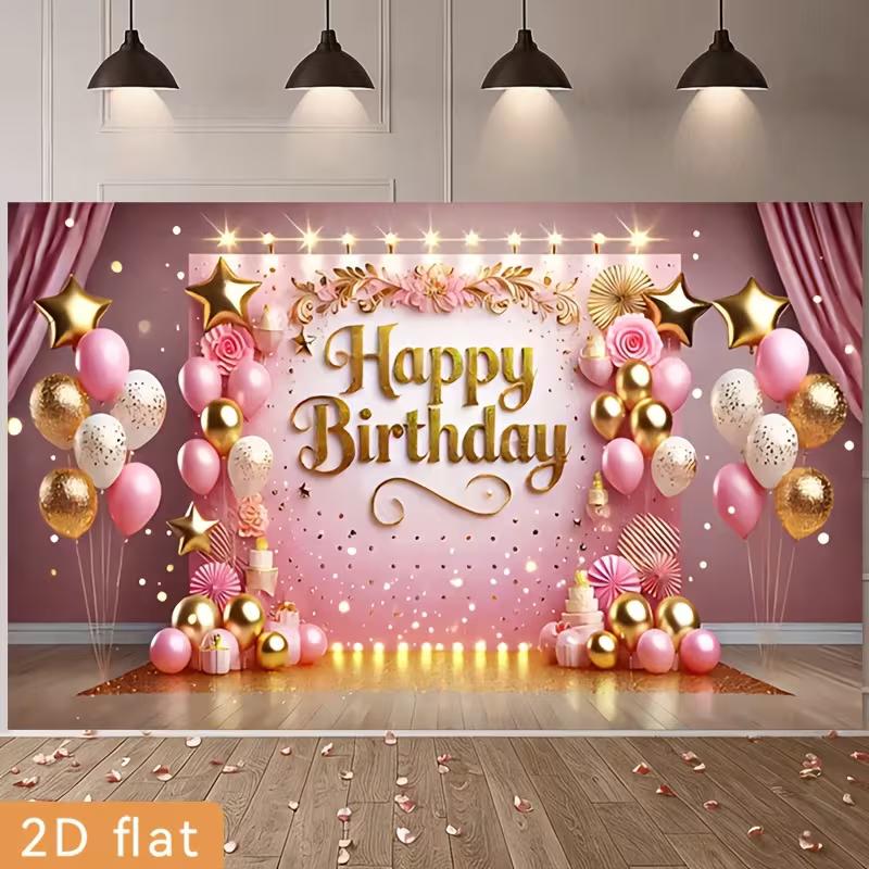 Pink Gold Birthday Tapestry, "Happy Birthday" with Floral and Balloons for Photo Booth