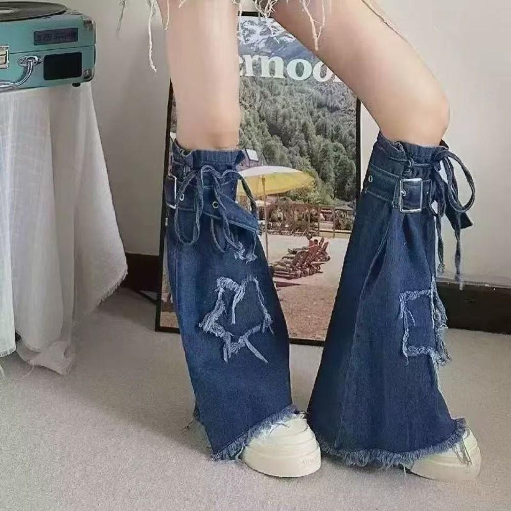 Japanese JK Lolita Y2K Denim Leg Warmers Denim Cloth Long Stockings Cross Trumpet Leg Covers  Women
