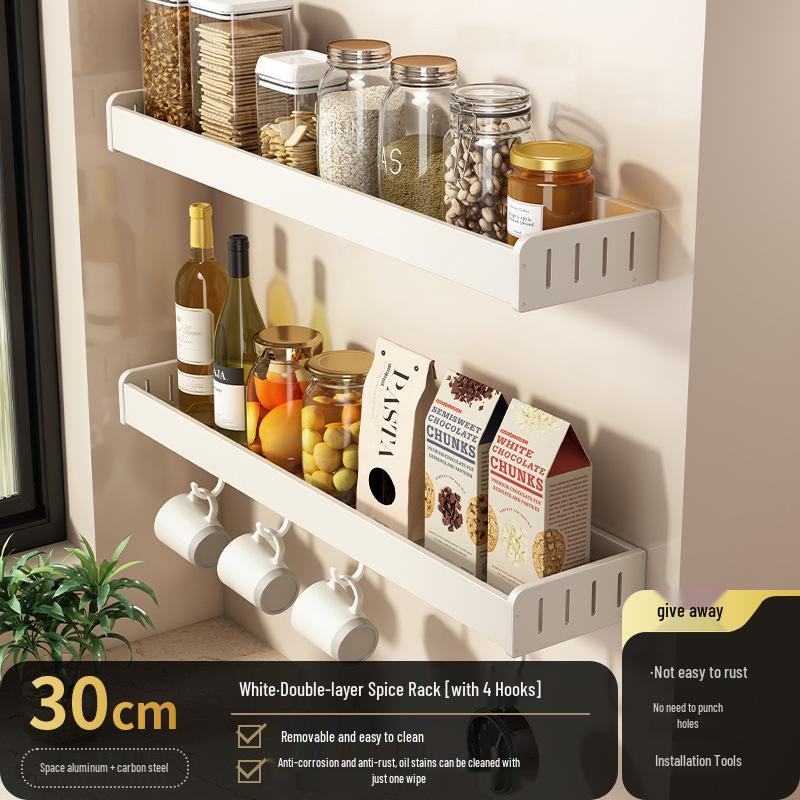 White Wall-Mounted Kitchen Rack: No-Drill Seasoning, Knife, and Chopsticks Organizer