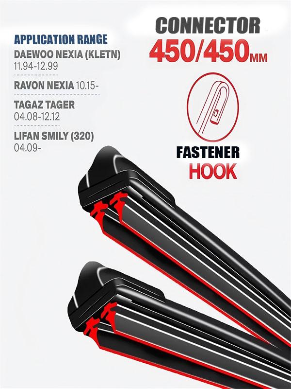 Hook Wiper Blades 450/450mm (18 +18 ) for Daewoo/Ravon Nexia, TagAZ Tagger & Lifan Smily чёрный