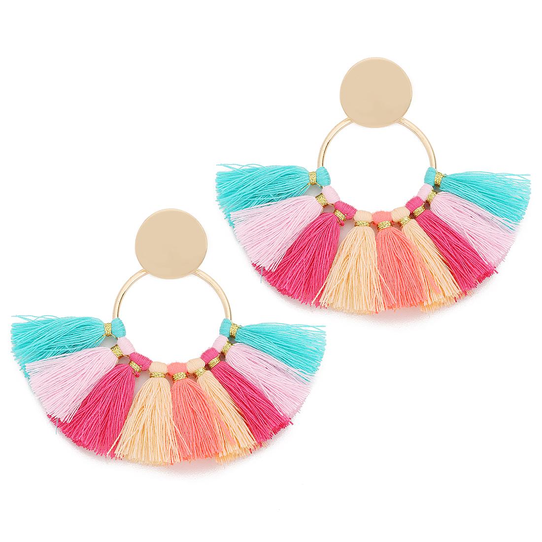 

A Pair 72mm Tassel Earrings Round Gold Earhook Handwoven Colorful Fan Tassel Pendant Diy Women s Fashion Earrings Jewelry Gift