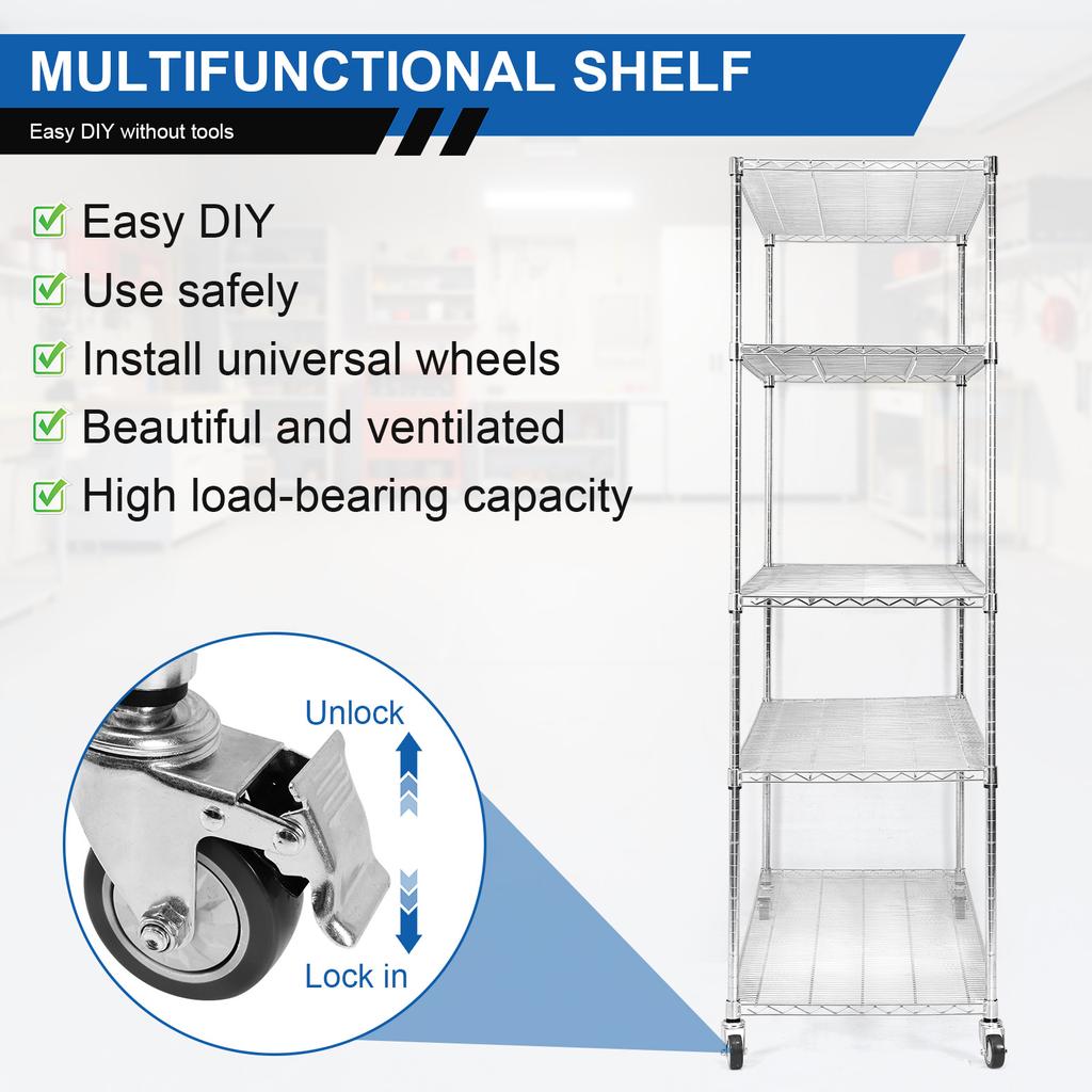 5 Tier 7500lbs Capacity Garage Shelving with Wheels & Shelf Liner Solid Steel Wire Rack for Pantry Garage Commercial Industrials