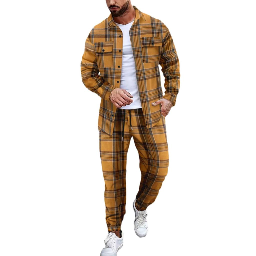 Europeisk & Amerikansk Höst Herr Rutig Långärmad Skjorta och Byxor Sport Casual Set
