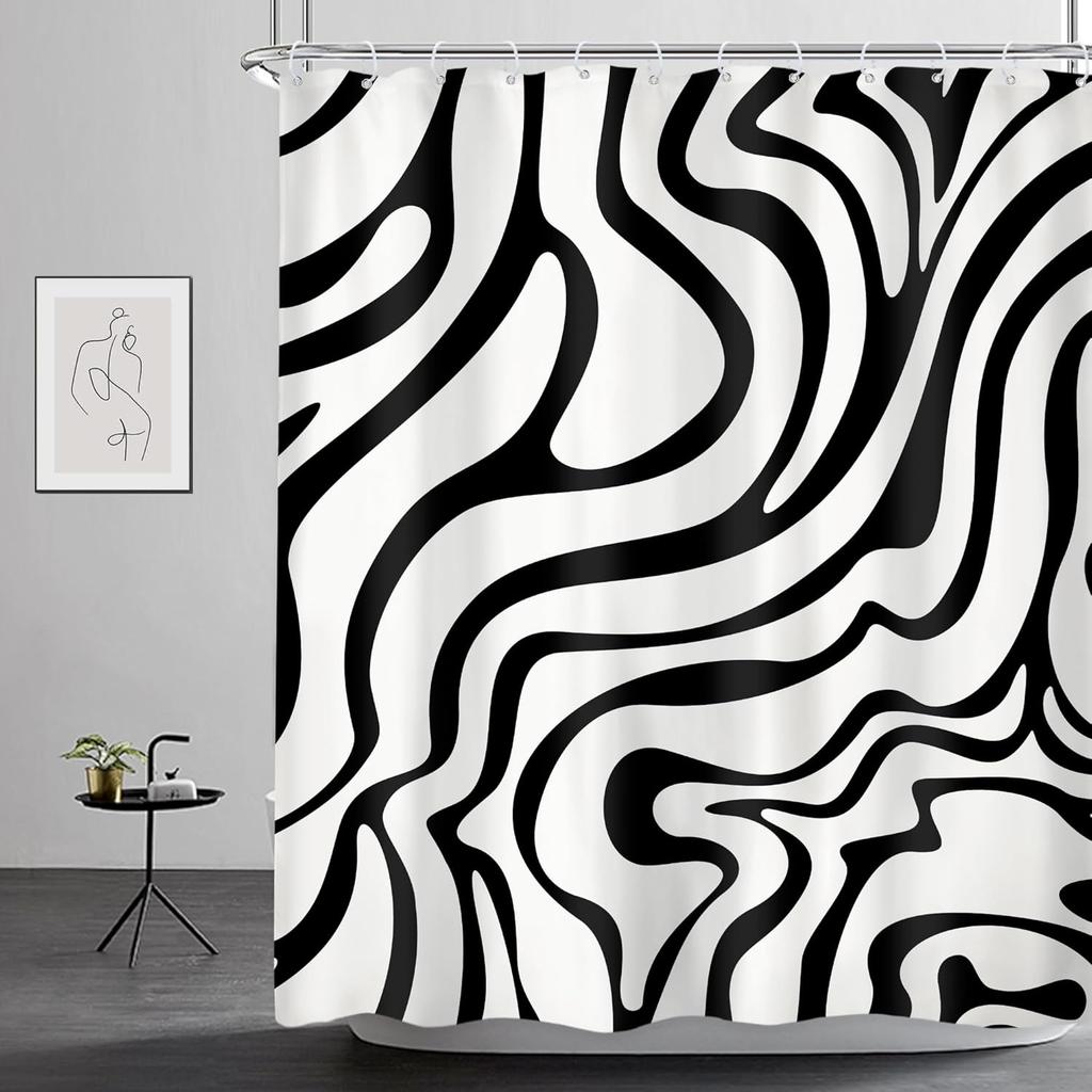 Retro Black White Shower Curtain Abstract 70s Art Waves Stripes Geometric 60s Vintage Simple Aesthetic Artistic Bathroom Decor