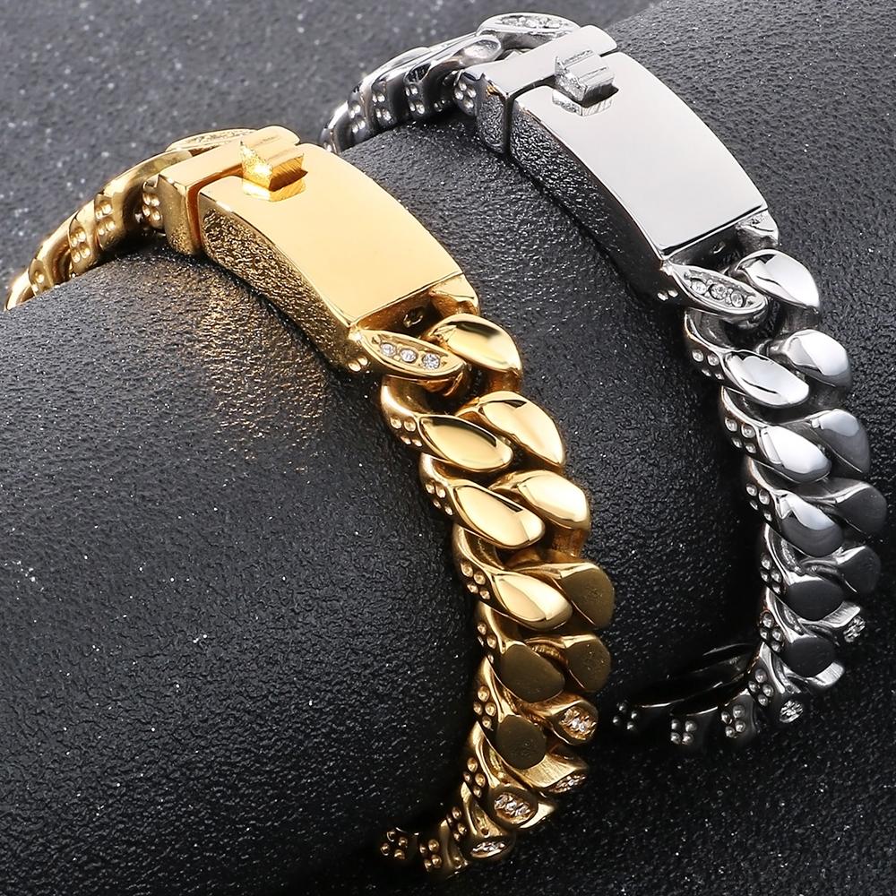 316L Stainless Steel 12MM Width Cuban Chain Bracelet for Men Hiphop Men's Bracelets With CZ Birthday Jewelry Gifts for Boyfriend
