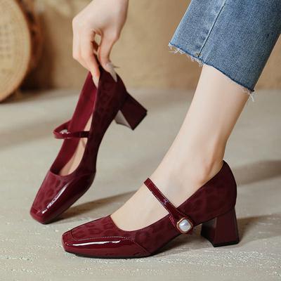 Mary Jane Shoes Thick Heel Red High Heels New Square Head Large Size Leopard Print Retro High Heels Single Shoes
