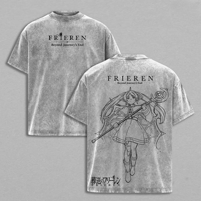 Hot Anime Frieren Beyond Journey's End Clothing Men Women Tshirts Washed Cotton Tee Retro Oversized T-shirt Harajuku T Shirt