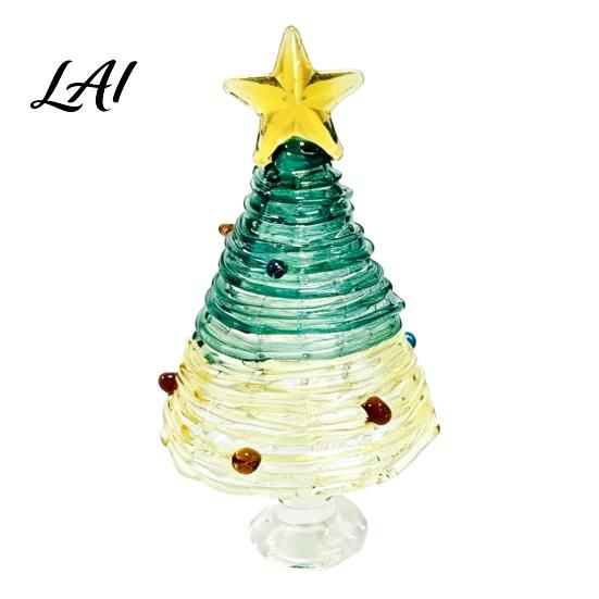 Christmas Table Centerpiece Glazed Tree Figurine Colorful Miniature Xmas Decor Handcrafted Small Ornament for Desk Glass Home Office Holiday