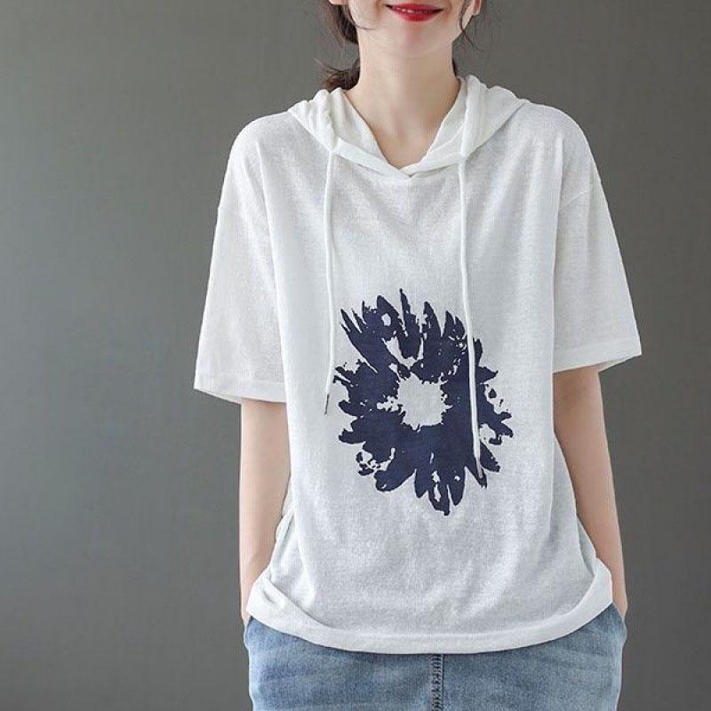 Fashion Cotton Printed Short Sleeve Hoodie Women Oversize Hooded Sweatshirt