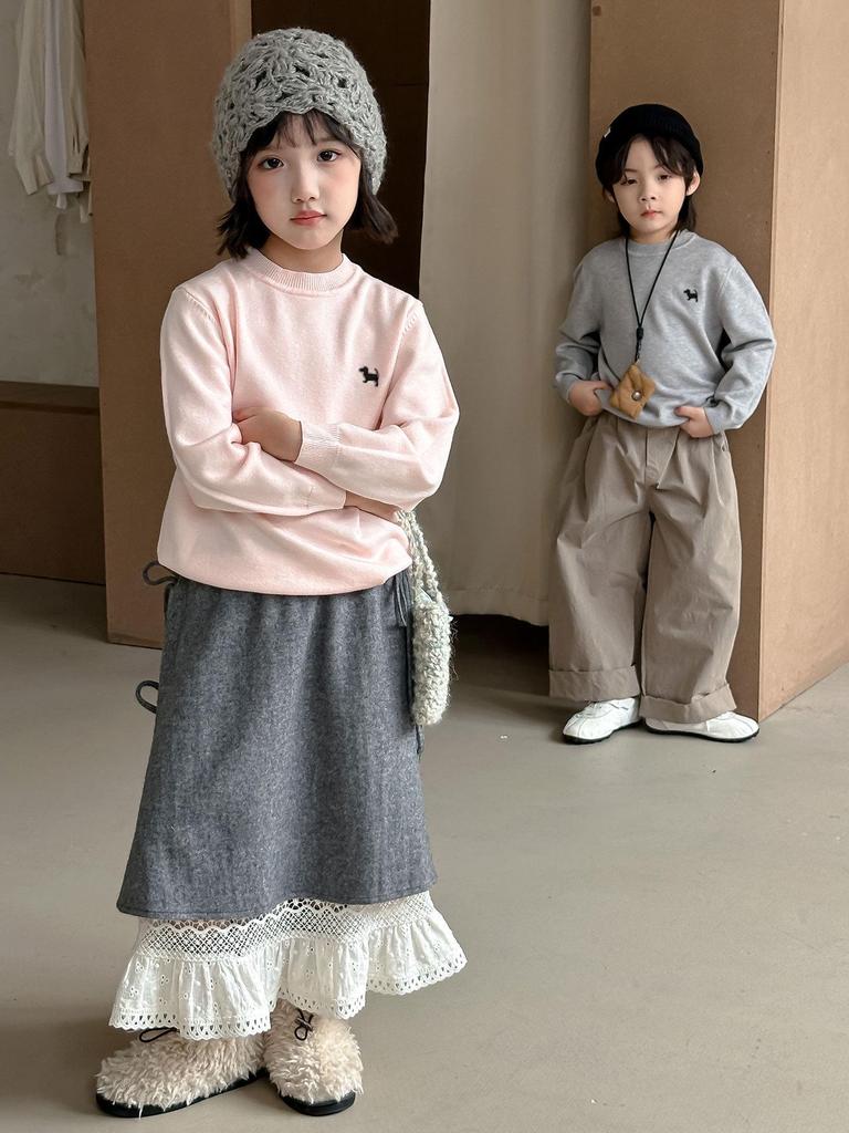 Kids' Knitted Crew Neck Sweater - Autumn/Winter, Embroidered, Loose Fit, Unisex