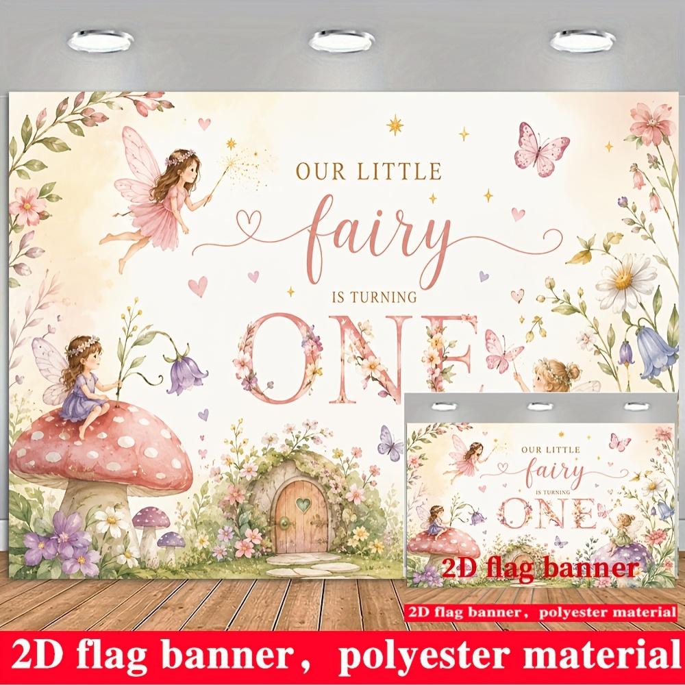 Fairy Theme 1st Birthday Backdrop Beige Mushrooms Wildflowers Cottage Photo