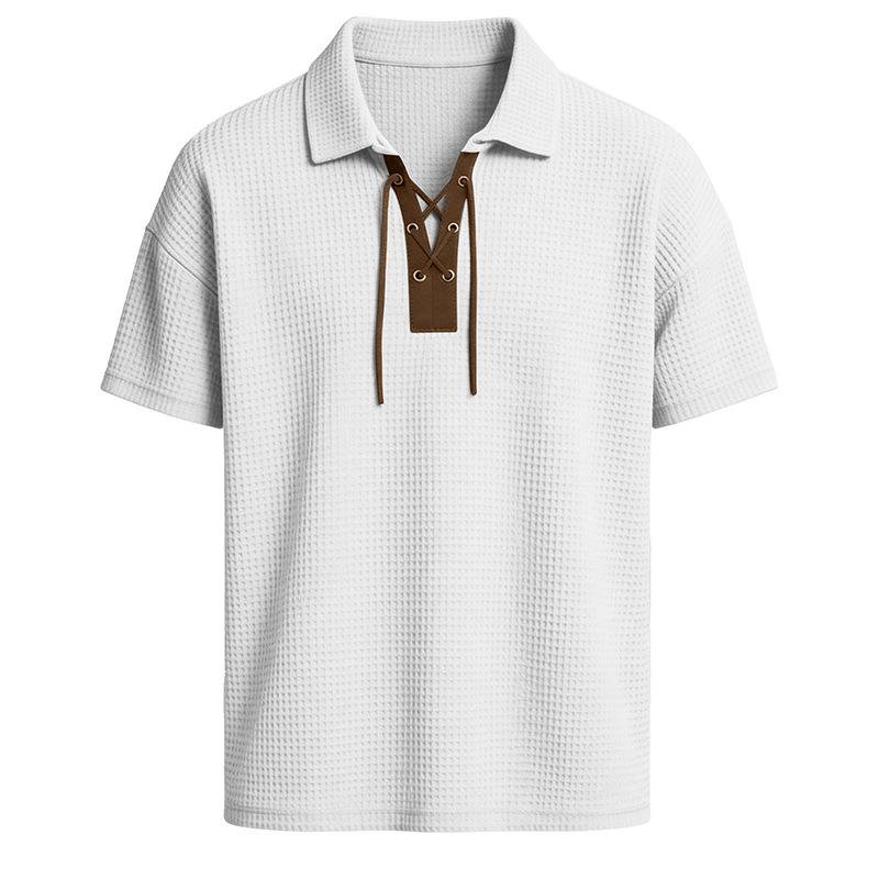 Mens Short Sleeve Waffle Knit Lace Up Loose Fit Polo Shirt S