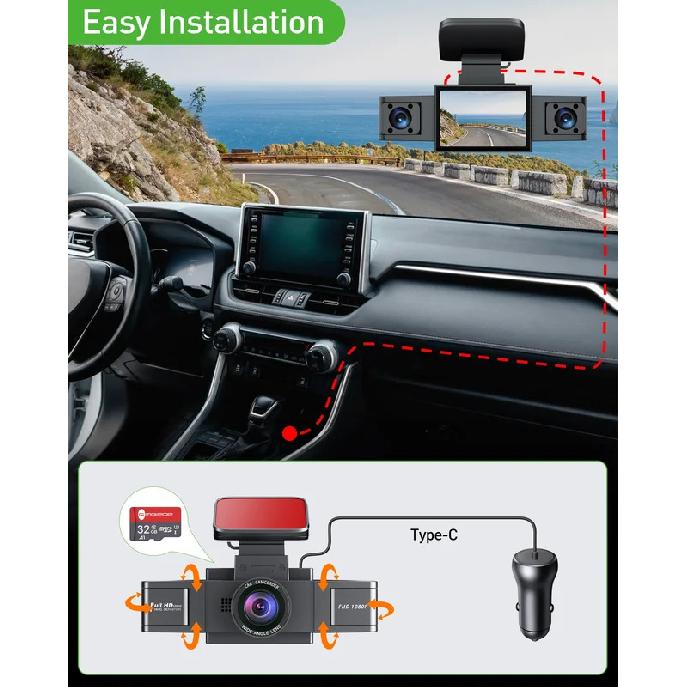 3 Channel Dash Cam Video Recorder Three Lens Car Camera with Rear View DVR 24H Parking Monitor Black Box Car Accessories