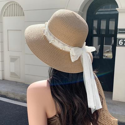 Summer Lace Bow Pearl Large Brim Sun Protection Breathable Sun Hat Women