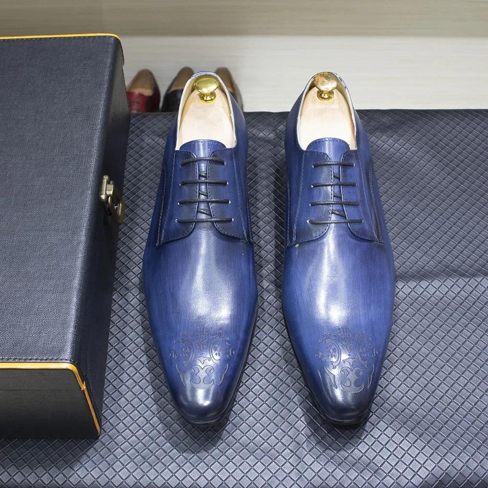 Fashion Classic Men's Genuine Cow Leather Derby Wedding Dress Shoes EU Size 38-47 Lace-Up Pointed Toe Handmade Business Formal Footwear