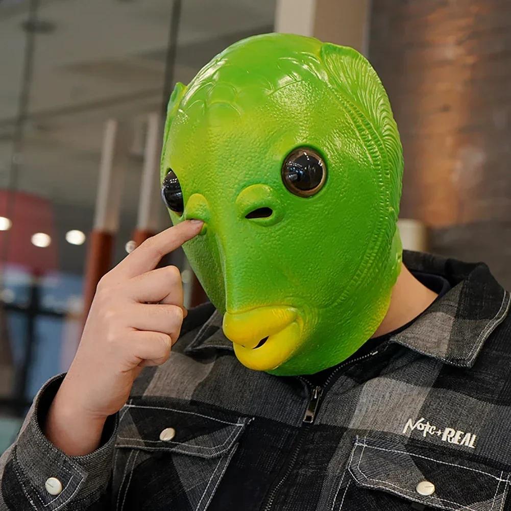 Halloween Funny Cosplay Costume Mask Unisex Adult Carnival Party Green Fish Head Mask Headdress Suitable for Fancy Dress Party
