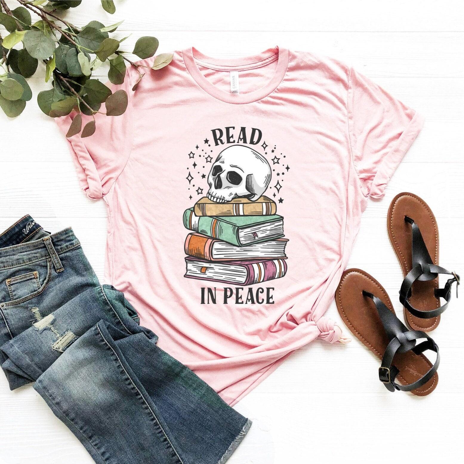 Read In Peace Shirt Lover Skull Books Women T Shirt Cotton Tops S розовый