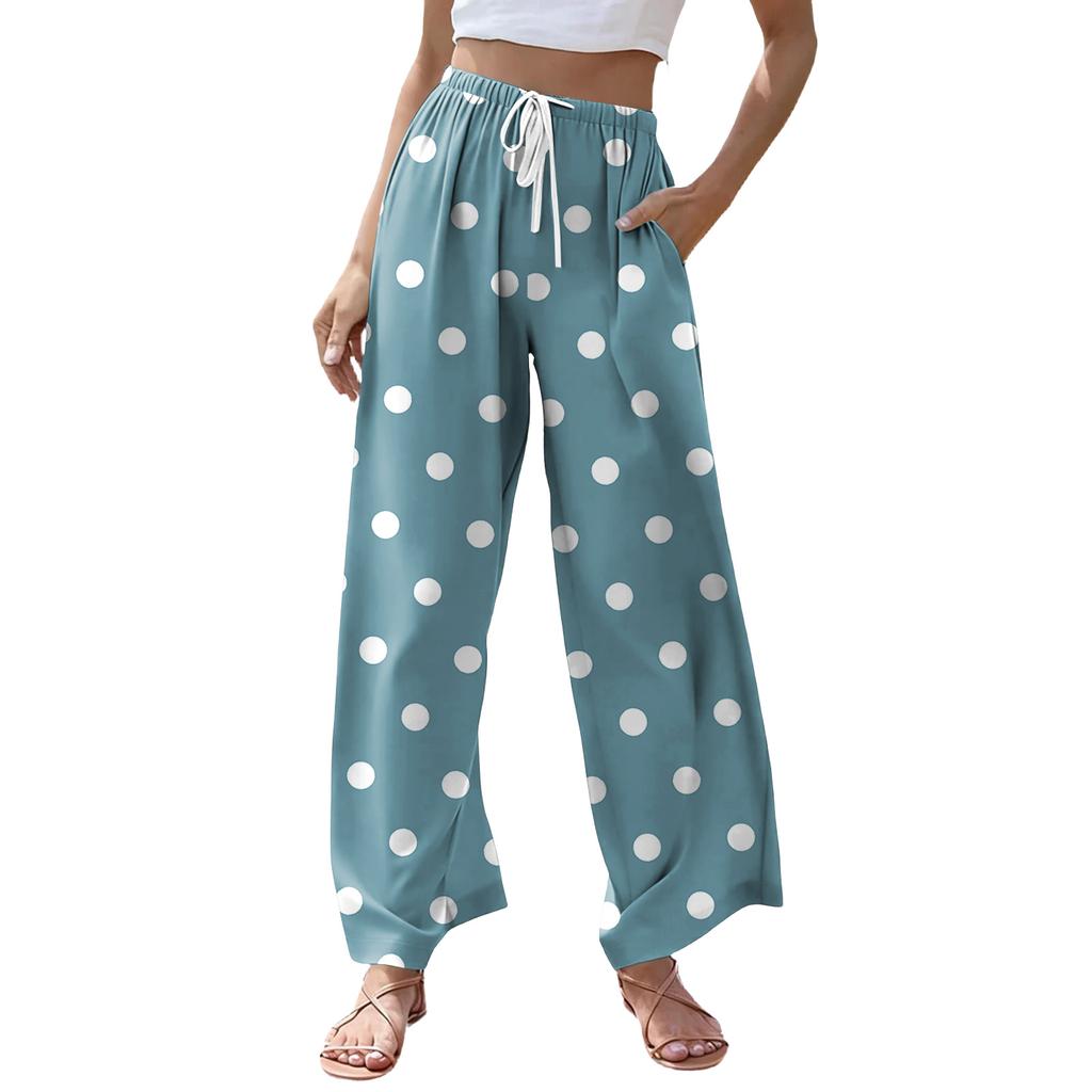 Women's Casual Dot Print Wide Leg Drawstring Pocket Beach Casual Pants