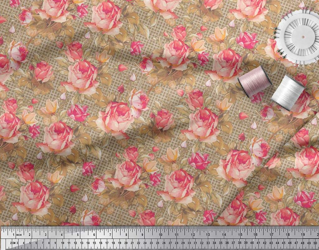 Soimoi Japan Crepe Satin Stoff Sjekk, Blader & Rose Blomstertrykk Sy Stoff meter 42 tommer