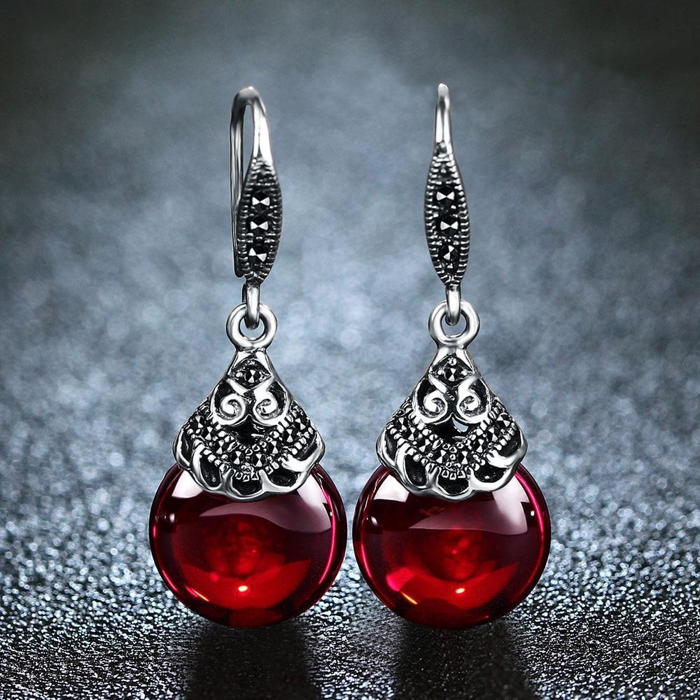 Retro 100 %925 Sterling Silver Round Garnet Drop Earrings For Women Natural Red Gemstone Ruby Fine Jewelry Best Gifts