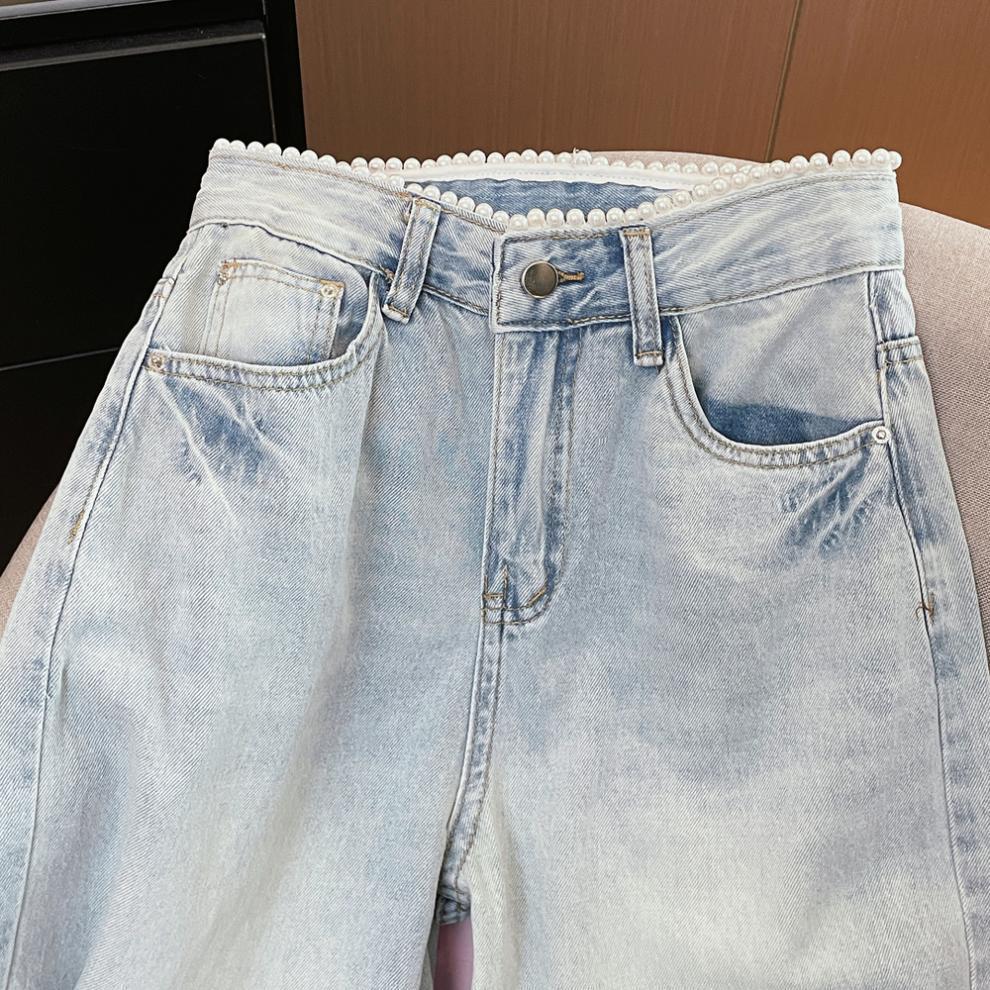 Korean Style Elegant Pearl Waist Rhinestone Light Jeans - Women's High Waist Straight Slimming Wide Leg Pants