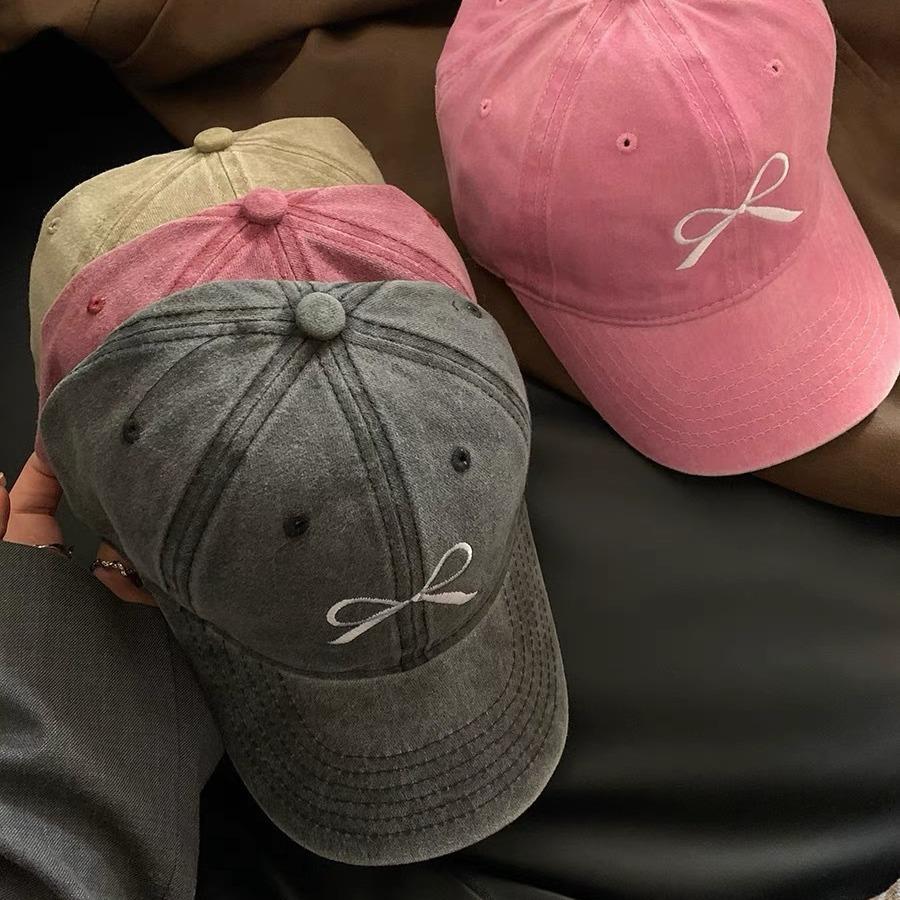Bow Embroidered Baseball Cap for Women In Spring New Washing Old American Retro Wide Brimmed Face Cap Student