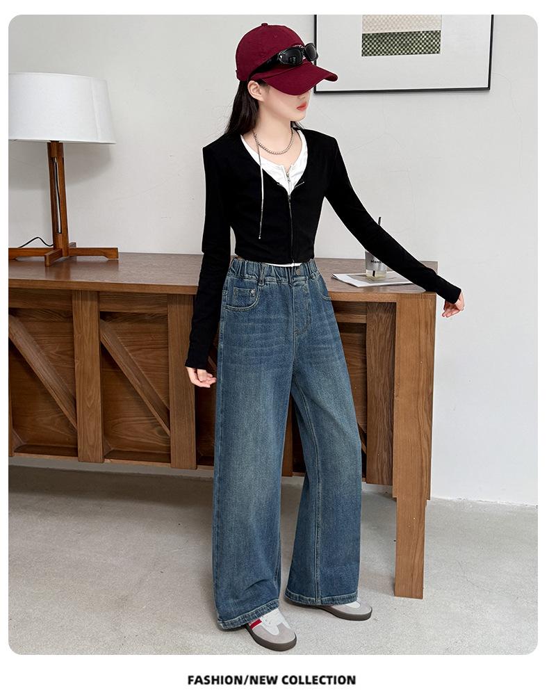 2025 Girls' Embroidered Wide-Leg Jeans: Spring/Fall Casual Straight-Leg Pants for Medium & Big Kids