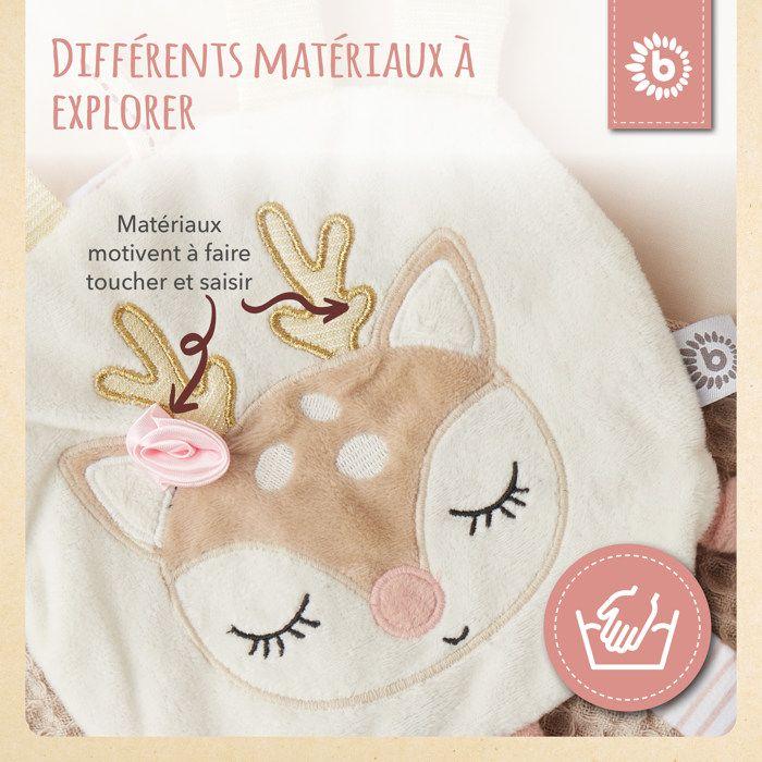 Bieco doudou cerf - doudou pour bébé avec effet froissé - jouet de préhension pour bébé doudou avec jouet à saisir doudou bebe